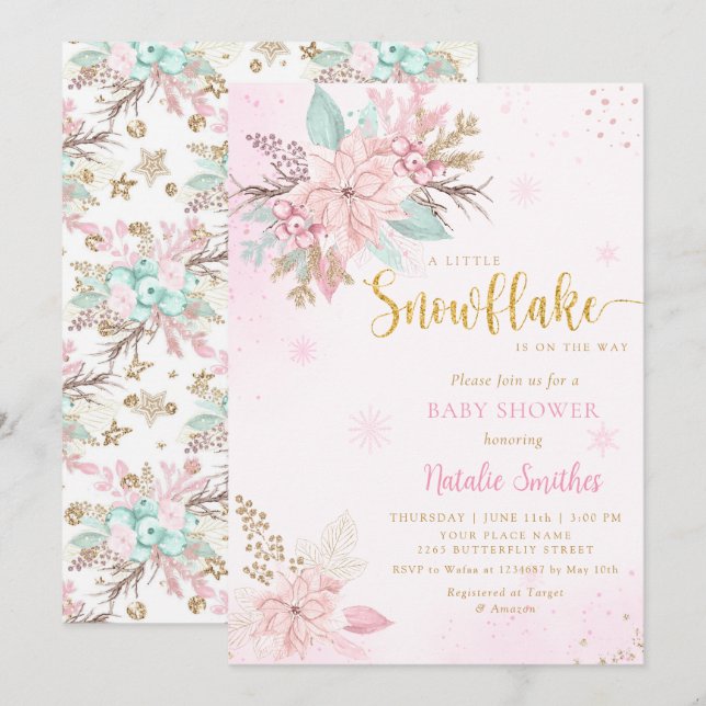 Invitación Baby Shower Purpurina de invierno rosa y dorado co (Anverso / Reverso)