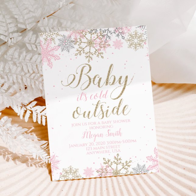 Invitación Baby Shower Purpurina de invierno rosa y dorado co (Subido por el creador)
