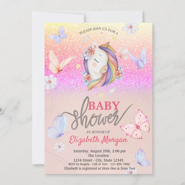 Invitación Baby Shower, Purpurina de mariposas de Unicorn (Anverso)