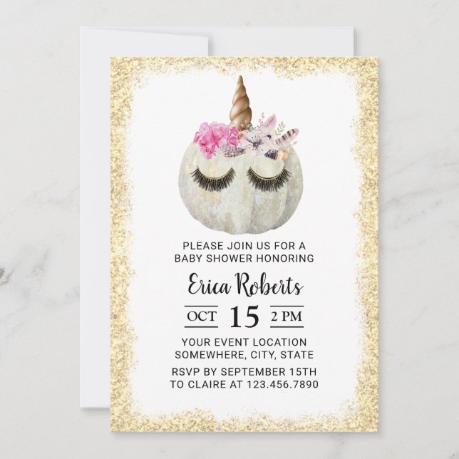Invitación Baby Shower, Purpurina de oro de calabaza de unico (Anverso)