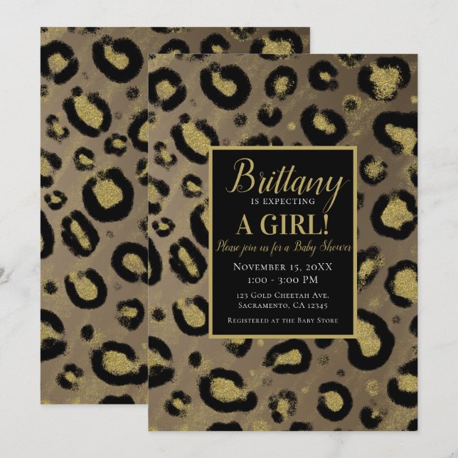 Invitación Baby Shower Purpurina de oro marrón y leopardo neg (Anverso / Reverso)
