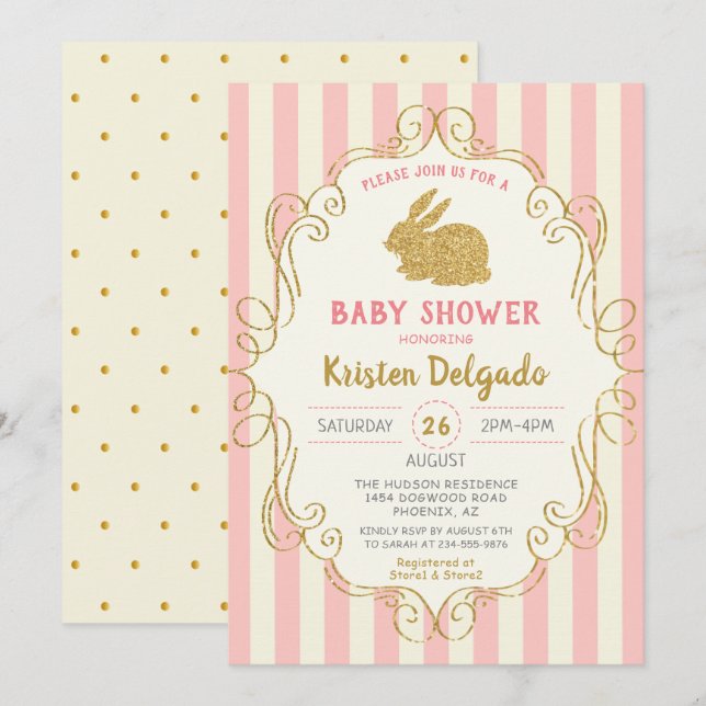 Invitación Baby Shower Purpurina de oro rosa dulce conejo (Anverso / Reverso)