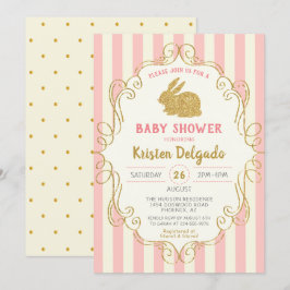 Invitación Baby Shower Purpurina de oro rosa dulce conejo