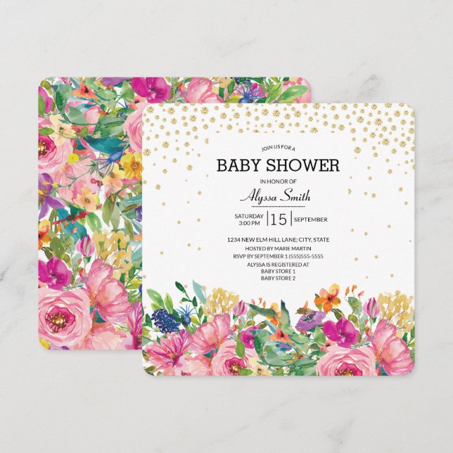 Invitación Baby Shower Purpurina dorado floral amarillo rosad (Anverso / Reverso)