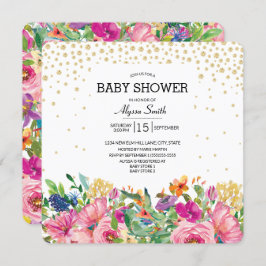 Invitación Baby Shower Purpurina dorado floral amarillo rosad