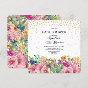 Invitación Baby Shower Purpurina dorado floral amarillo rosad