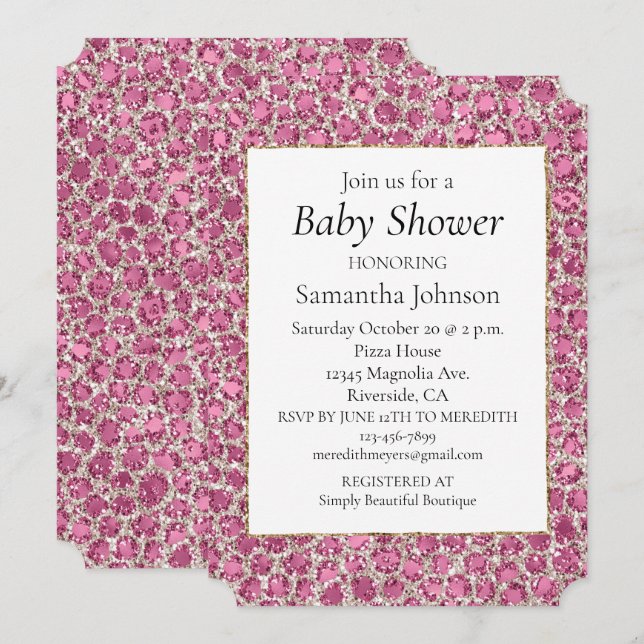 Invitación Baby Shower Purpurina Leopardo de Glitzy Glam Girl (Anverso / Reverso)