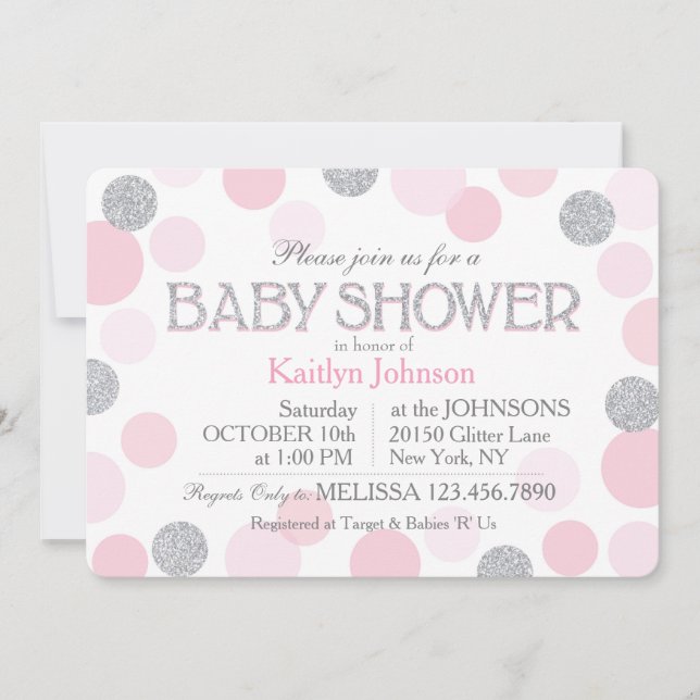 Invitación Baby Shower Purpurina plateado y puntos rosados di (Anverso)