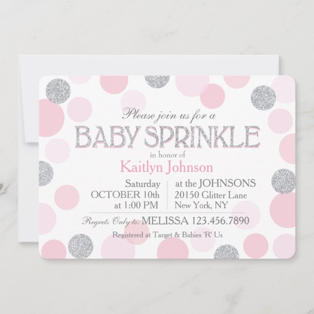 Invitación Baby Shower Purpurina plateado y puntos rosados di (Anverso)