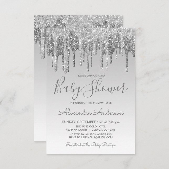 Invitación Baby Shower Purpurina Silver Sparkle de lujo (Anverso / Reverso)