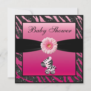 Invitación Baby Shower Purpurina Zebra, Gerbera y Faux
