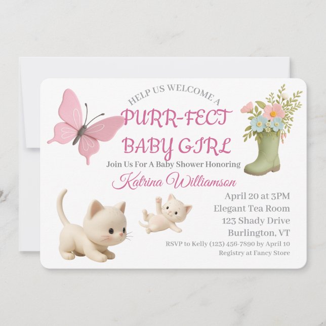 Invitación Baby Shower Purr-fect Baby Girl Kitten (Anverso)