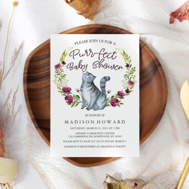 Invitación Baby Shower Purr-fect de Watercolor Cat (Subido por el creador)