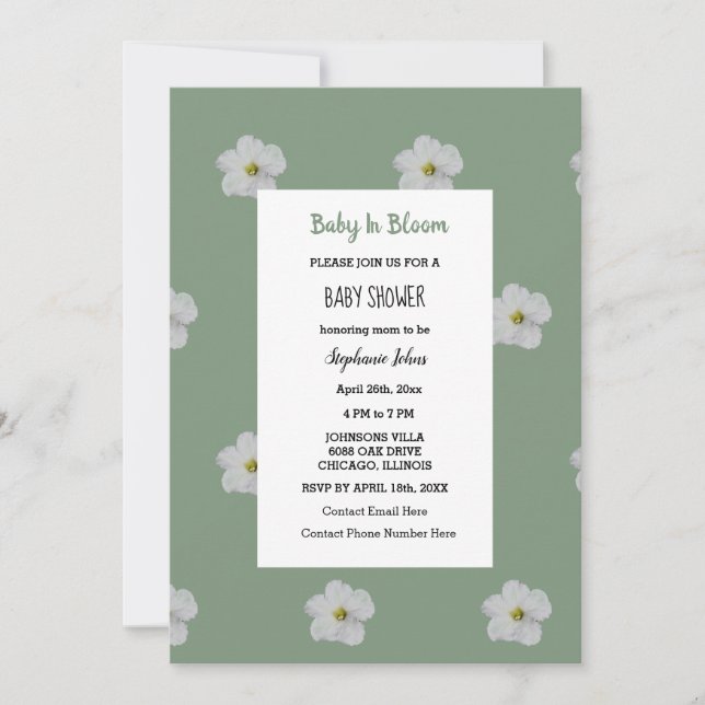 Invitación Baby Shower QR Code Floral Bloom Sage Green Cute (Anverso)