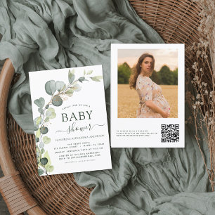 Invitación Baby Shower QR Code Photo Greenery Eucalyptus