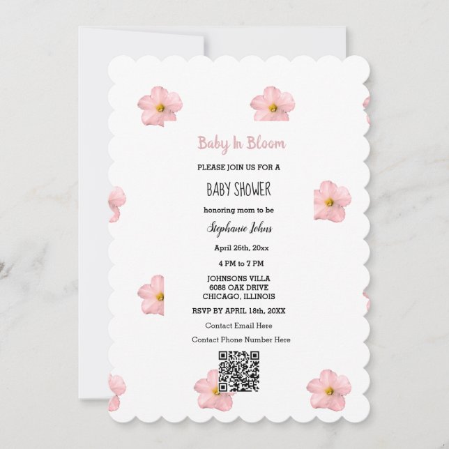 Invitación Baby Shower QR Code Pink Floral Baby In Bloom Cute (Anverso)