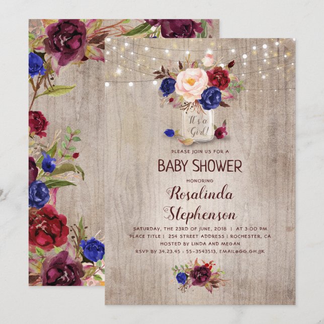 Invitación Baby Shower radiante floral Mason Jar Rustic (Anverso / Reverso)