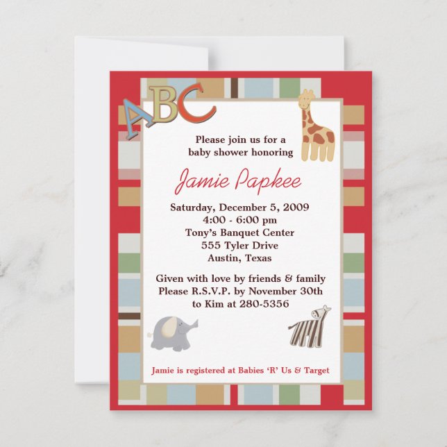 Invitación Baby Shower rayada de sopa de alfabeto  (Anverso)