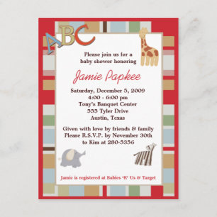Invitación Baby Shower rayada de sopa de alfabeto