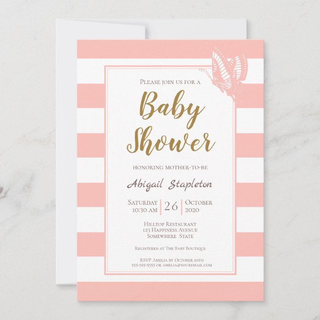 Invitación Baby Shower rayado rosado (Anverso)