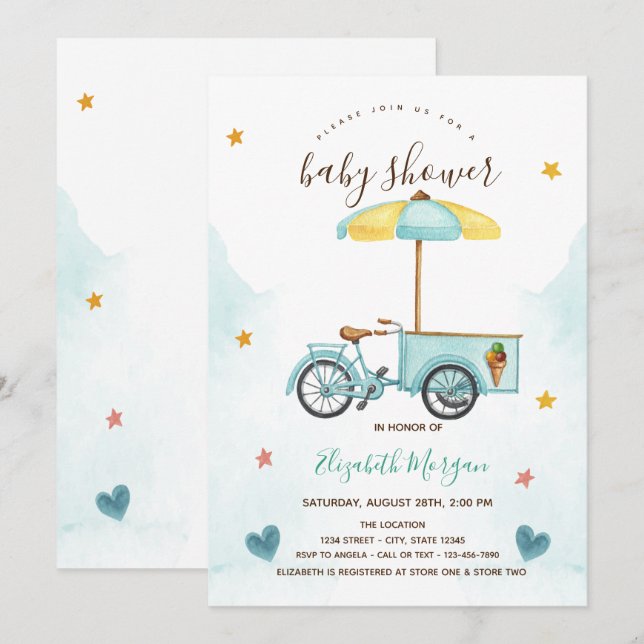 Invitación Baby Shower rayado rosado en bicicleta crema de hi (Anverso / Reverso)