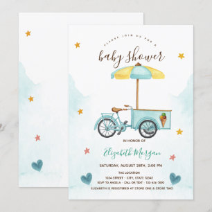Invitación Baby Shower rayado rosado en bicicleta crema de hi