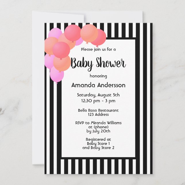 Invitación Baby Shower rayas blancas negras arco de globo ros (Anverso)