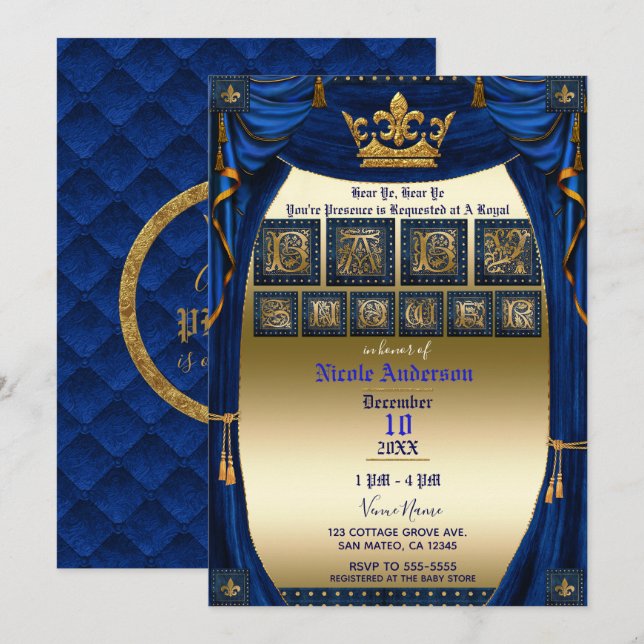 Invitación Baby Shower Real Crown Blue & Gold Prince (Anverso / Reverso)