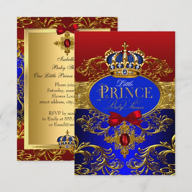 Invitación Baby Shower Real Crown Red & Blue Little Prince (Anverso / Reverso)