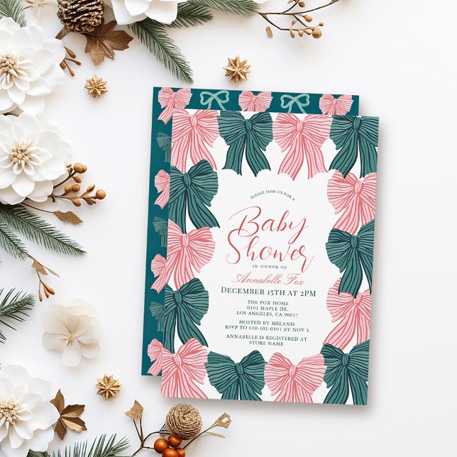 Invitación Baby Shower Red & Green Bow/Ribbon Coquette (Subido por el creador)