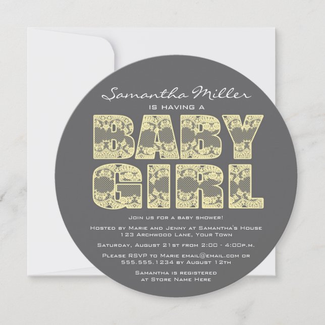 Invitación Baby Shower redonda de encaje amarillo  (Anverso)