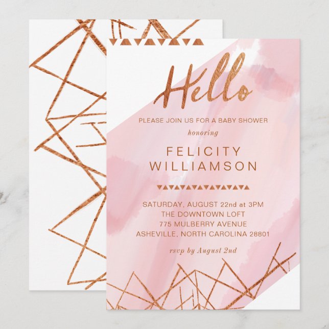 Invitación Baby Shower Regal Pink, Gold Watercolor (Anverso / Reverso)