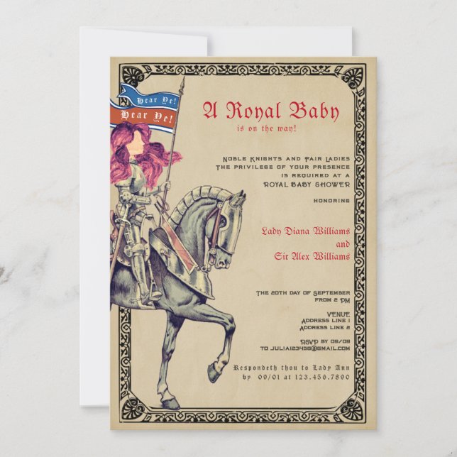 Invitación Baby Shower Renaissance Medieval Knight Renfaire (Anverso)