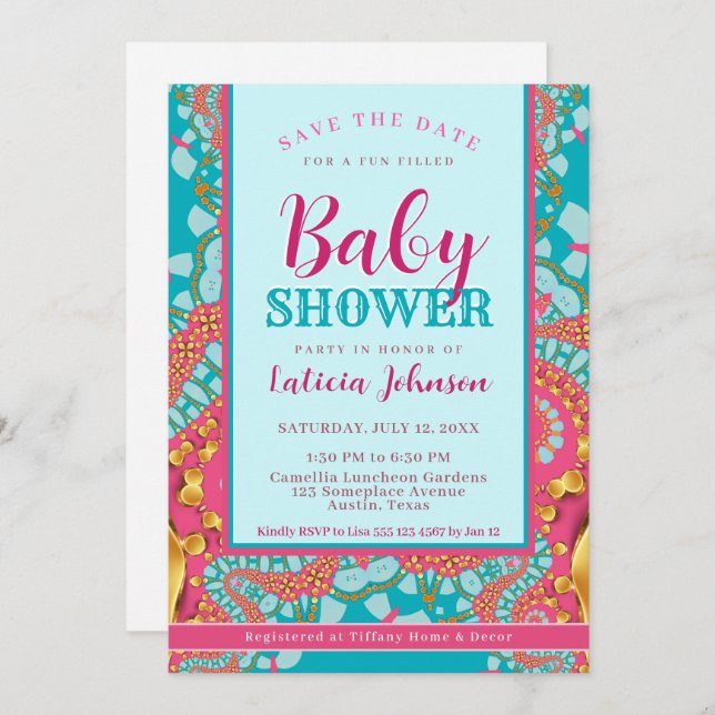 Invitación Baby Shower ・ Resumen moderno Verde azulado azul y (Anverso / Reverso)