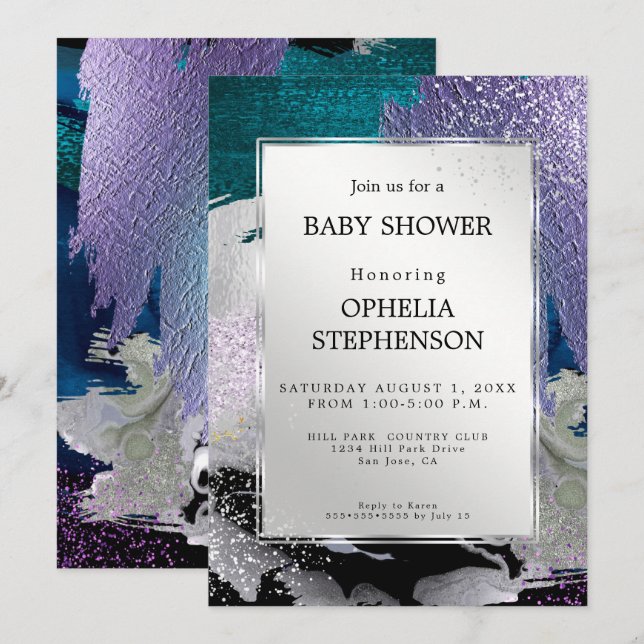 Invitación Baby Shower | Resumen púrpura Verde azulado de pla (Anverso / Reverso)