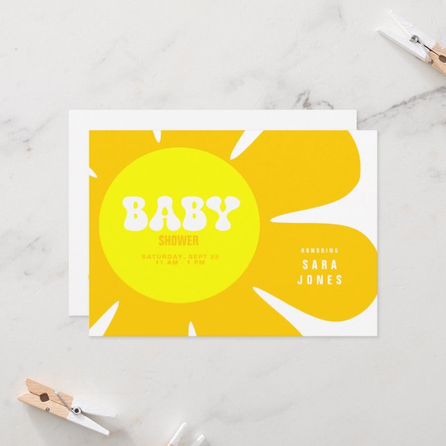 Invitación Baby Shower retro amarillo (Anverso/Reverso In Situ)