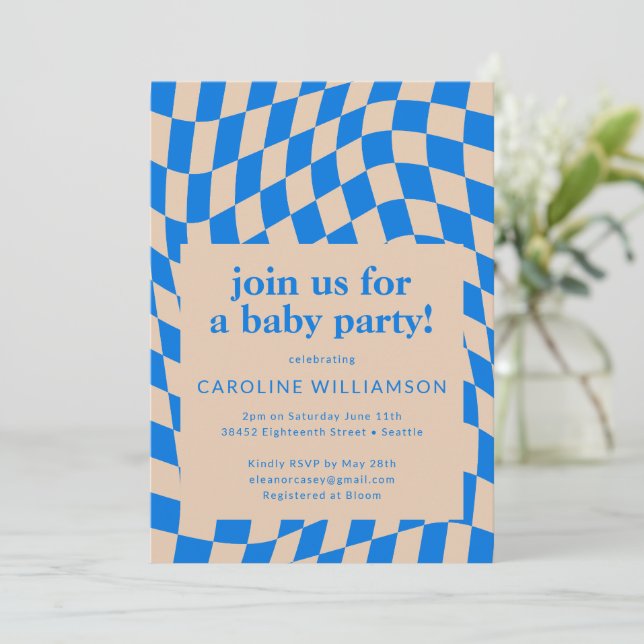 Invitación Baby Shower Retro Blue Abstract Checkerboard (Anverso de pie)