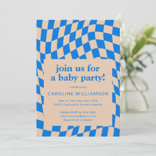 Invitación Baby Shower Retro Blue Abstract Checkerboard