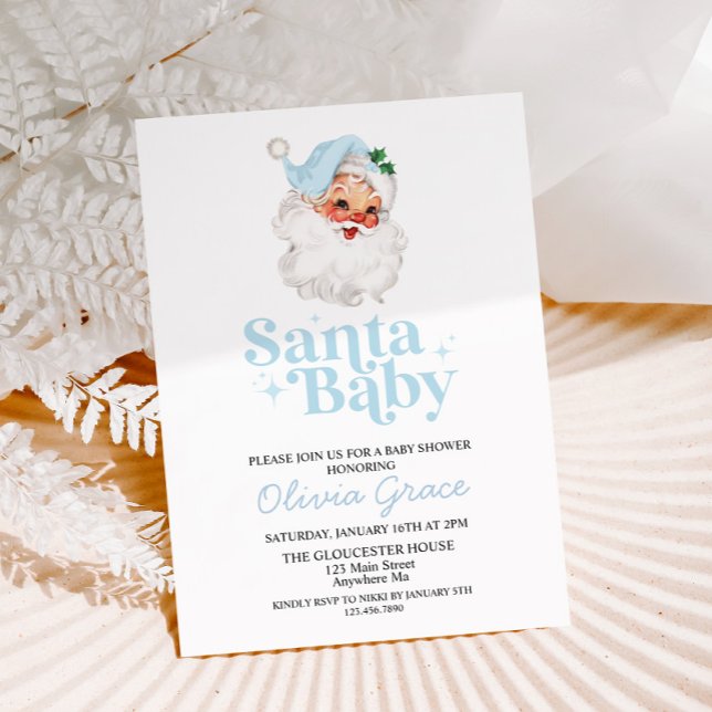 Invitación Baby Shower Retro Blue Santa Baby (Subido por el creador)