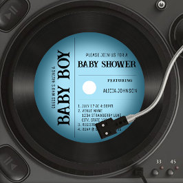 Invitación Baby Shower Retro Blue Vignette Vinyl Record Boy