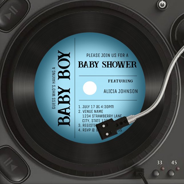 Invitación Baby Shower Retro Blue Vignette Vinyl Record Boy (Retro Blue Vignette Vinyl Record Boy Baby Shower Invitation)