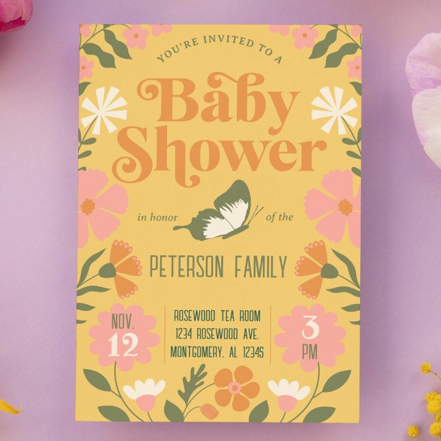 Invitación Baby Shower Retro Colorous Flower Garden (retro 70s garden flower baby shower invitation modern butterfly floral design hippy flowers)