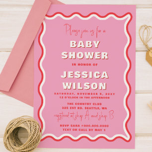 Invitación Baby Shower Retro Cute Wavy Chica Rojo Rosa