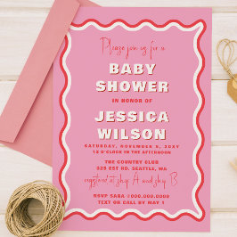 Invitación Baby Shower Retro Cute Wavy Chica Rojo Rosa