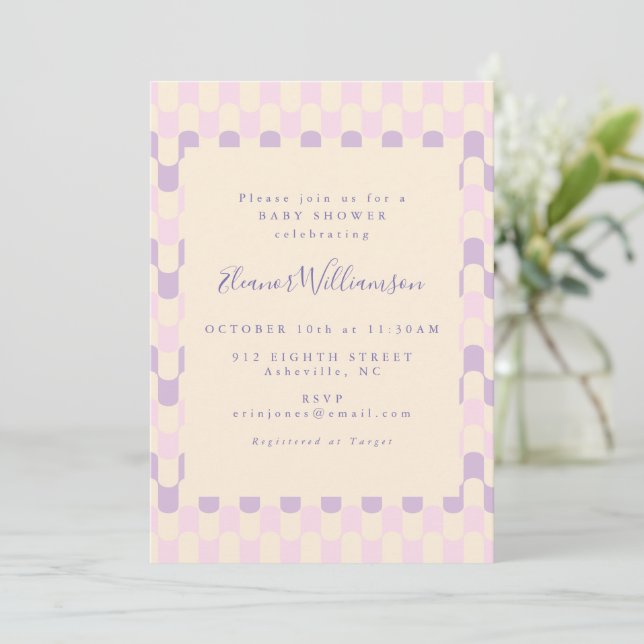Invitación Baby Shower retro de cúrcuma rosa y morado (Anverso de pie)