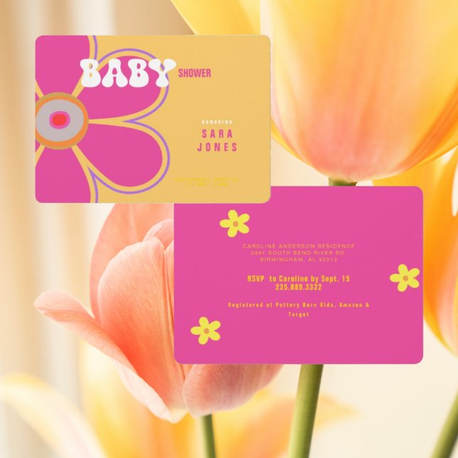 Invitación Baby Shower retro de flor rosa caliente (Subido por el creador)