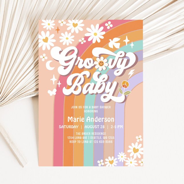 Invitación Baby Shower retro del hippie arcoiris rosado de lo (Subido por el creador)