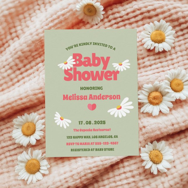 Invitación Baby Shower Retro Floral Sage Green Daisy (Subido por el creador)