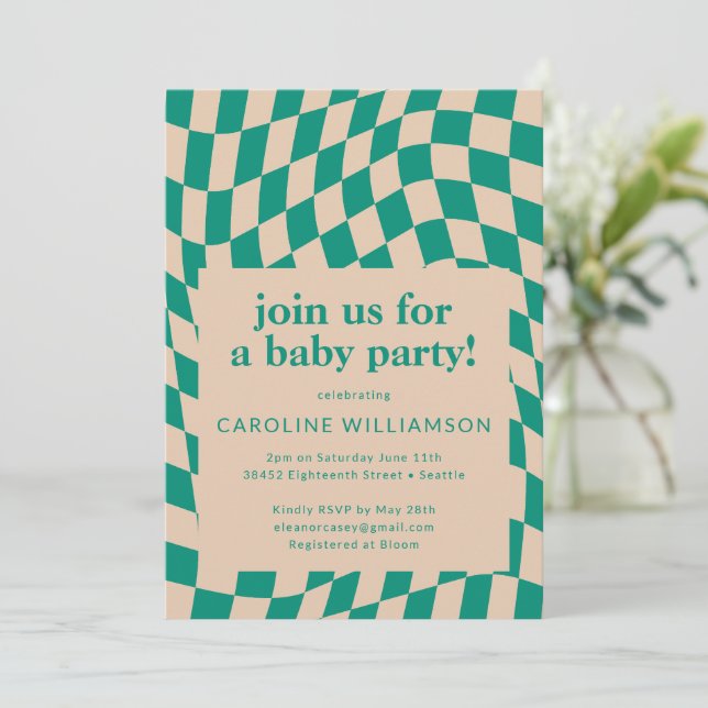 Invitación Baby Shower Retro Green Abstract Checkerboard (Anverso de pie)