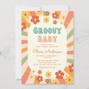 Invitación Baby Shower Retro Groovy Wavy Sunshine Flower